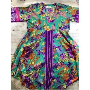 Kantha Bae Boho Floral Paisley V-Neck Mini Dress Gown Teal Purple Pink One Size